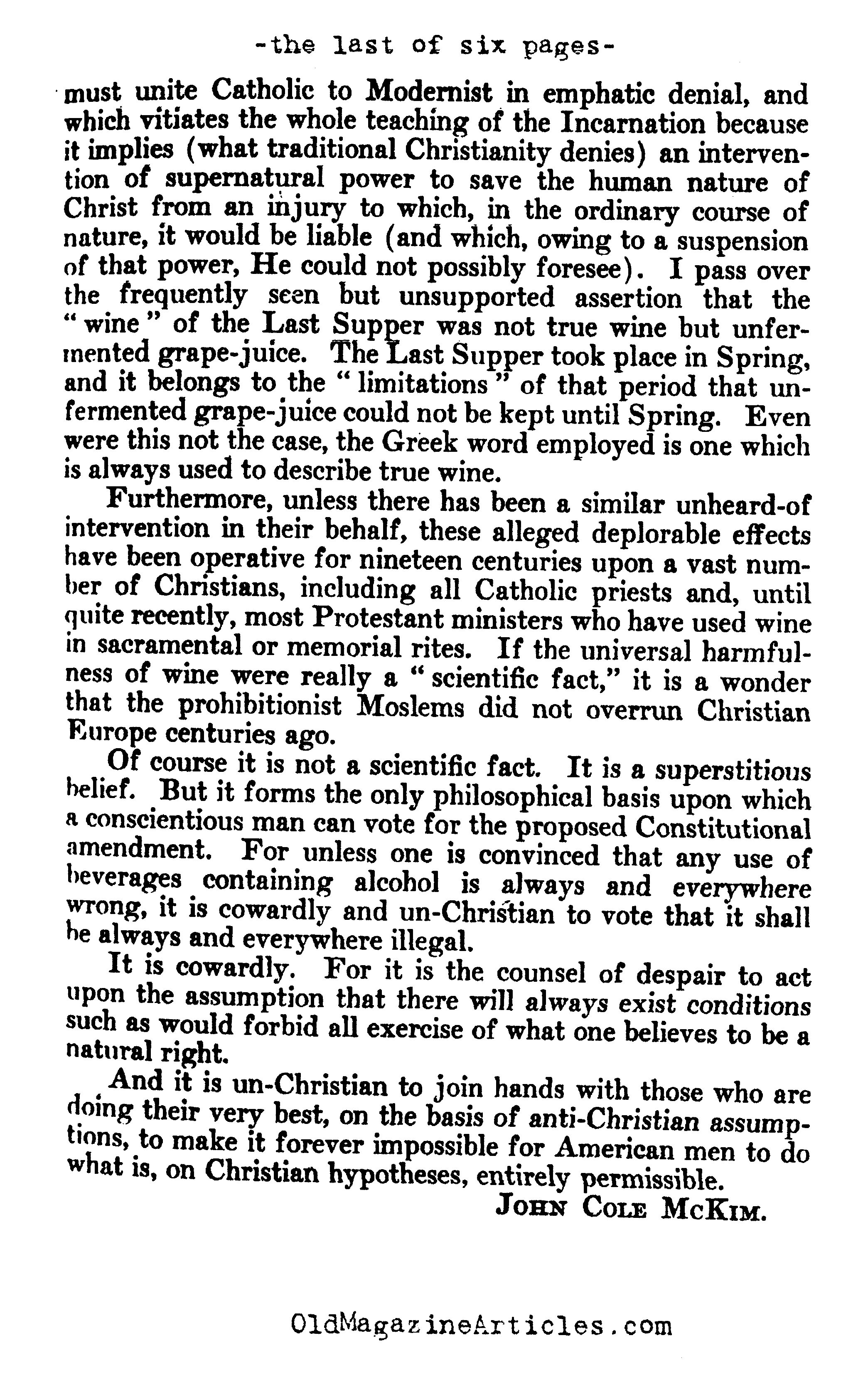 Christianity vs. Prohibition  (The North American Review, 1918)